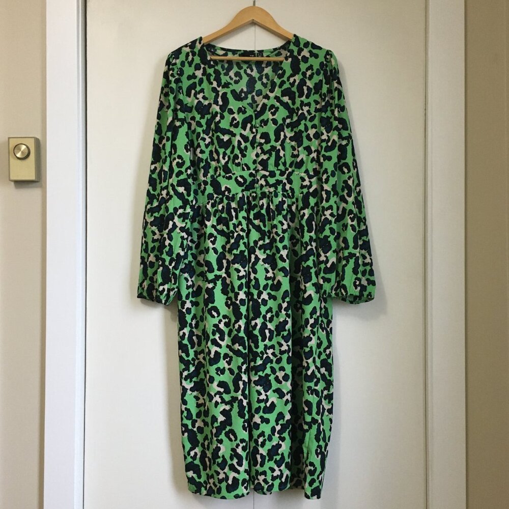 Neon Green Blue Leopard Print Rosette Midi Dress XL